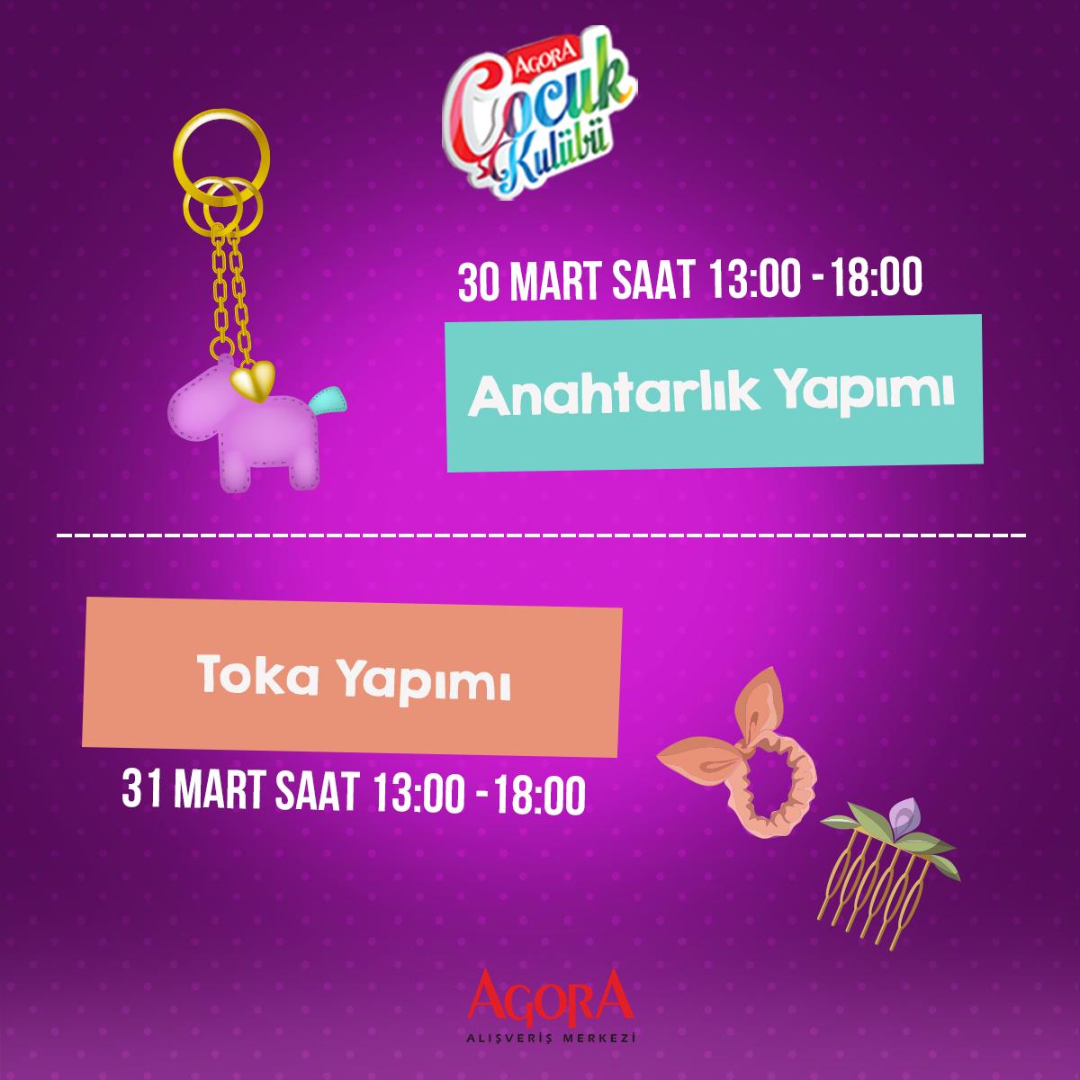 30 Mart "Anahtarlık Yapımı " ve 31 Mart "Toka Yapımı" Agora Çocuk Kulübü'nde! Minik ziyaretçilerimizi etkinliklerimize davet ediyoruz.🧒🏼👧🏻
⭐️Etkinliklerimiz 4 yaş ve üzeri çocuklar içindir.
⭐️Ücretsizdir.

#AgoraAVM #AgoraAdapazarı #AgoraÇocukKulübü