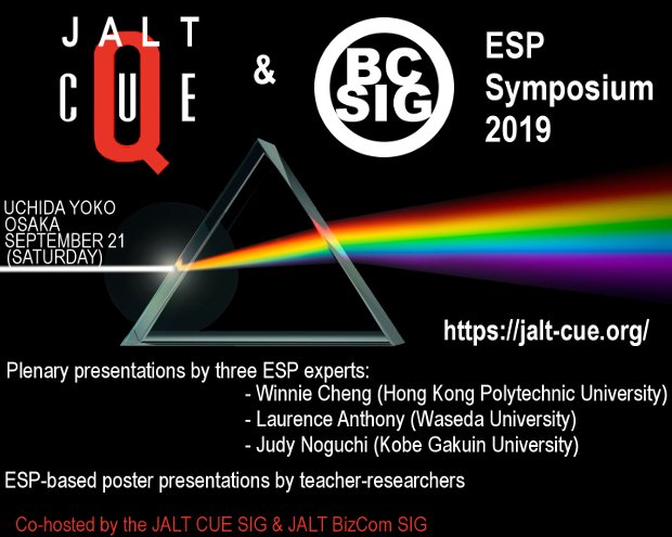 ESP Symposium, Osaka, Sept. 21st. Call for Posters is now open til June 30th. For more details go to jaltcue.org/content/cue-es… <a href="/jaltevents/">JALT Events</a> @iatefl_besig <a href="/jaltcall/">JALTCALL</a> <a href="/jaltcue/">JALT CUE SIG</a>
