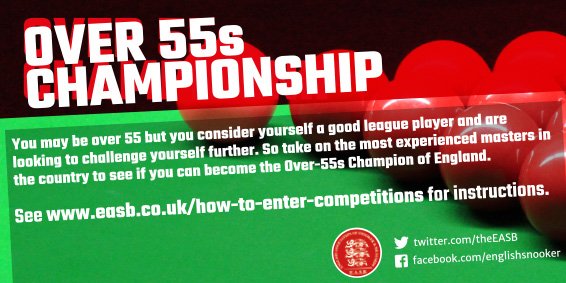 TheEASB's tweet photo. Are you over 55 and fancy the opportunity to represent England?
The closing date for entries is Saturday 31 March
#Snooker

https://t.co/lxJNzxnGOy https://t.co/jQrfSgHZe5