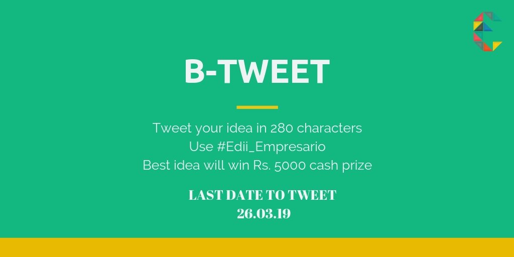 EDIIEmpresario's tweet photo. Tweet your business idea and and win cash prize. Our judges panel consisting esteemed faculties of EDII college will decide the the winner. Tweet before deadline.
#ESS2K19 #edii_empresario #btweet #onlinecompetition #startupidea #startup #Pitch #Entrepreneurship #startupindia https://t.co/OsFFxP8Tor