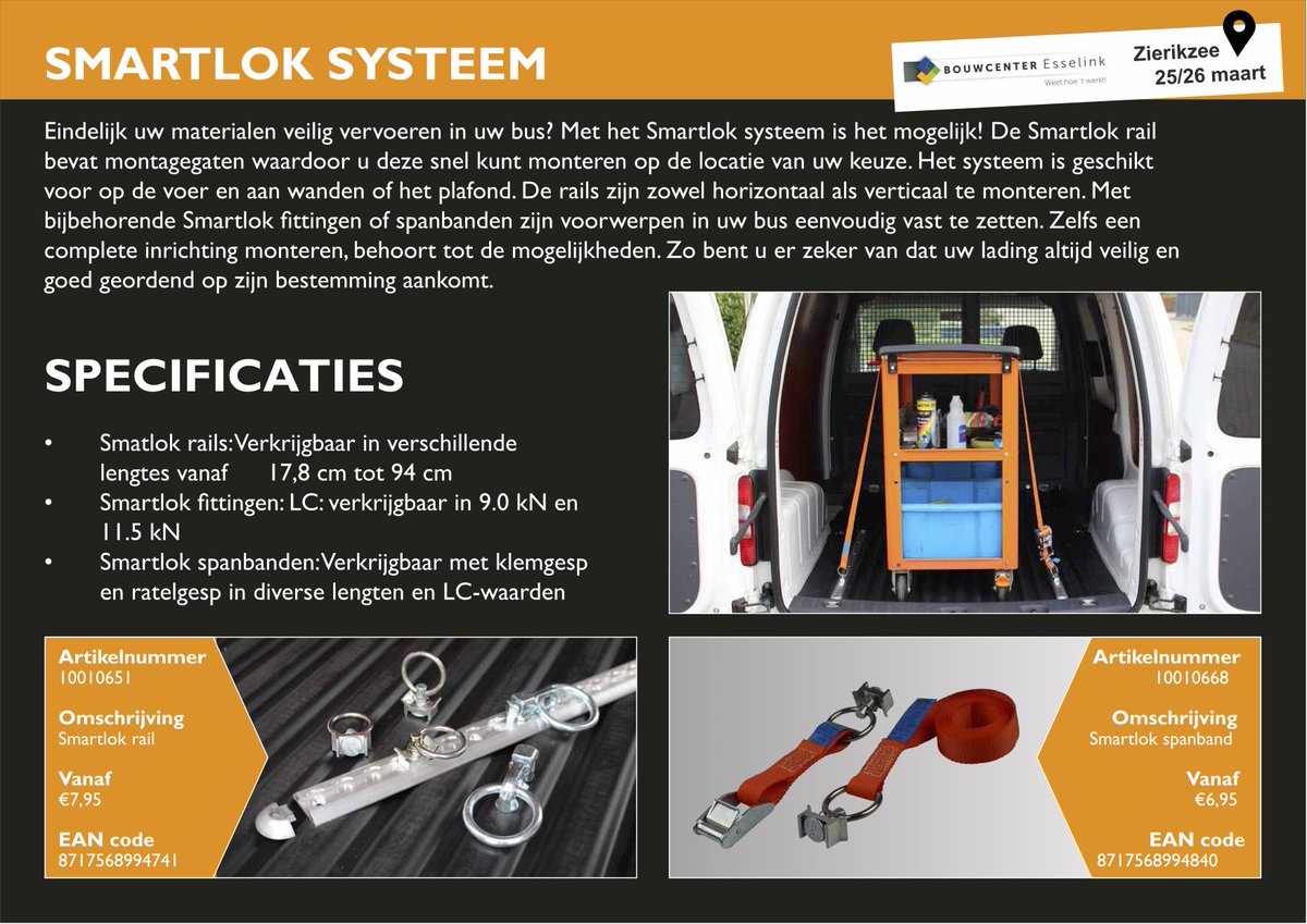 Vandaag en morgen hebben wij twee professionals op het gebied van #transportoplossingen te gast bij onze vestiging @Zierikzee ; DEBA Bedrijfswagens en SmartLok.
25 &amp; 26 maart toont DEBA enkele interessante #bestelwagens en SmartLok het handige #ladingbevestigings-systeem.