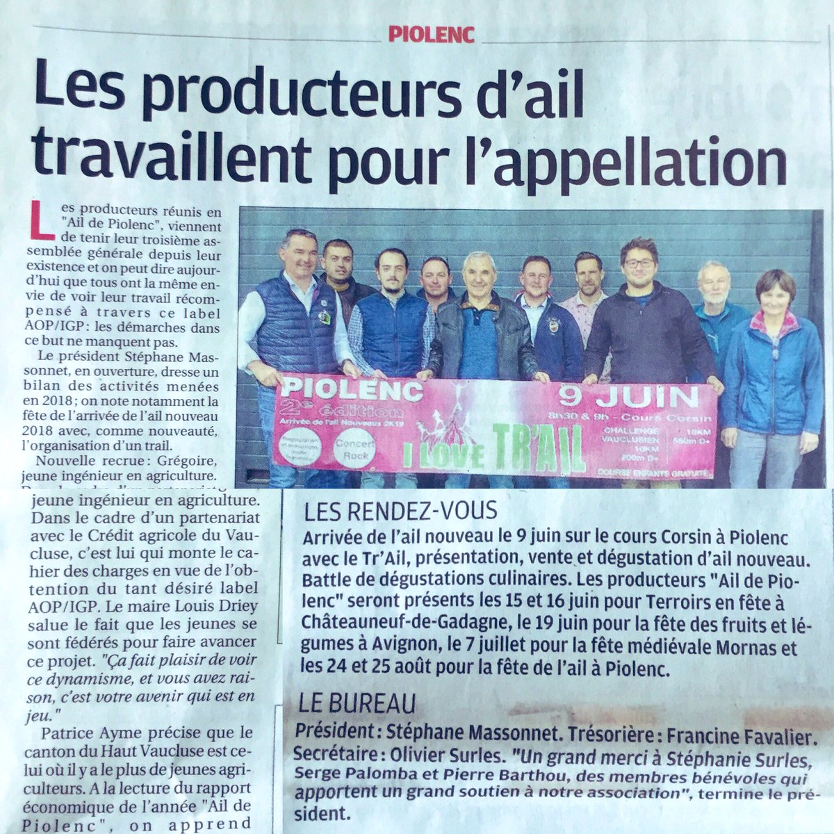 AildePiolenc's tweet photo. Une belle couverture pour cette Assemblée Générale ! Merci à Eric @laprovence  Une année 2018 à fond &amp; on accélère en 2019 ! L’ail est notre dopant ! Prêt pour le Tr’Ail 🏃‍♂️ 🏃‍♀️ 🏃‍♂️  #Piolenc #Vaucluse #Terroir #TraditionsProvençales #Agriculture #IGP #AOP #StayFresh https://t.co/n36bxEzP2H