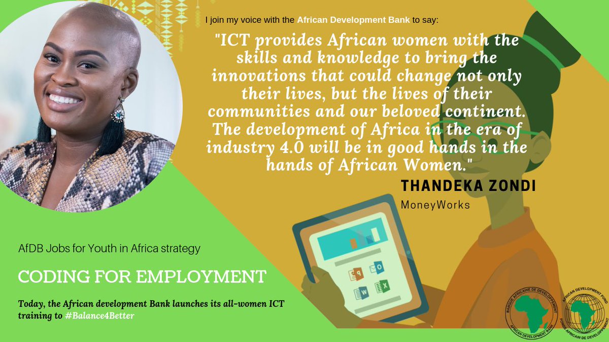 mazondi's tweet photo. Congratulations to @AfDB_Group for launching this much needed initiative to supercharge the drive towards inclusive growth that will create opportunities for youth and women in my beloved Continent.  #coding4employment #Jobs4Youth #balance4better #WomensHistoryMonth #IWD2019 https://t.co/KBgnEAjjJP