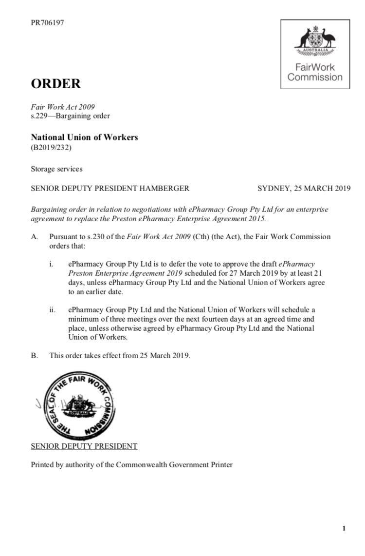 DanielJVictory's tweet photo. @WeFightForFair has successfully represented @NatUnionWorkers in an application for bargaining orders against Chemist Warehouse. Fair Work Commission finds Chemist Warehouse not bargaining in good faith. Wednesday EBA vote cancelled. Employer ordered back to bargaining table. https://t.co/Io9mQUJXsE