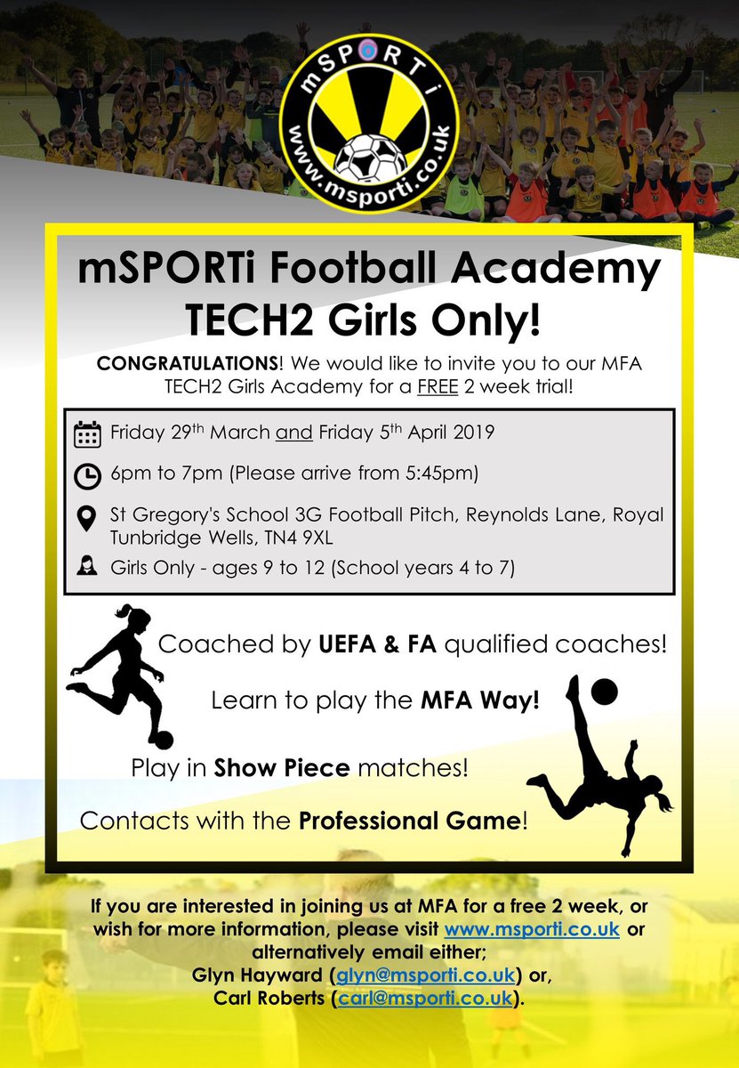 mSPORTi1's tweet photo. We are pleased to announce that we will be running a Tech2 Girls Academy! ⚽️
If you know any girls who are interested in improving their footballing skills, then tell them all about our FREE 2 week trial starting next Friday 29th March! 👍
#TrainPlayDevelop https://t.co/Nl2IR38wIW