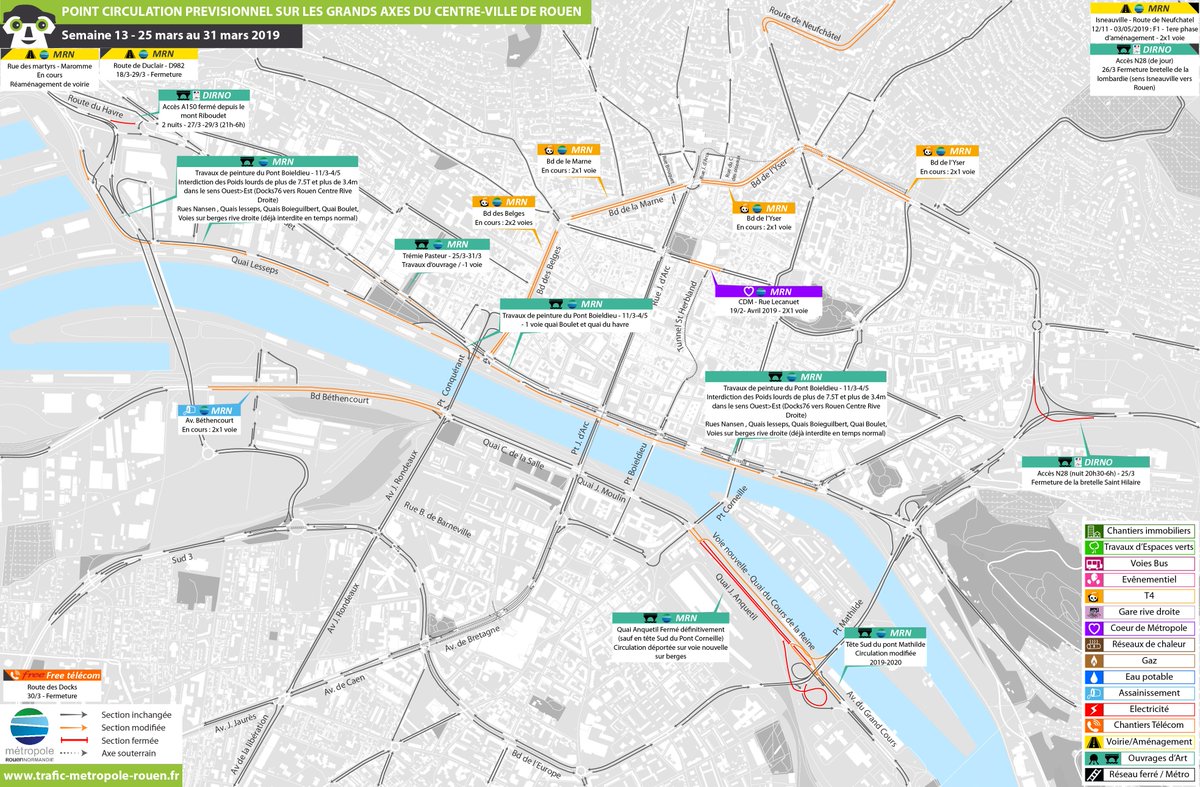🔵[Carte des travaux] 🚧🚗 Les travaux jusqu'au 24 mars dans Rouen.
N'hésitez pas à consulter l’état du trafic en temps réel sur le site dédié : trafic-metropole-rouen.fr et à vous abonner aux alertes SMS gratuites et sans engagement