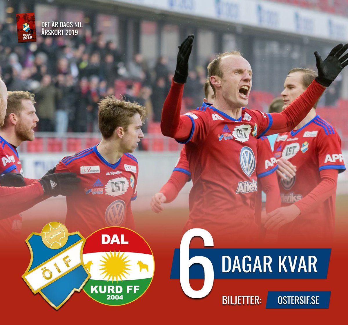 OstersIF's tweet photo. 6 dagar till hemmapremiär! På söndag klockan 15:00 är det premiär i Superettan på Myresjöhus Arena när vi gästas av Dalkurd. Se till att ha säkrat ditt årskort eller matchbiljett till premiären innan dess. Det gör du på https://t.co/oQyqZENB7r #ÖstersIF https://t.co/ZrI3DVxMd9