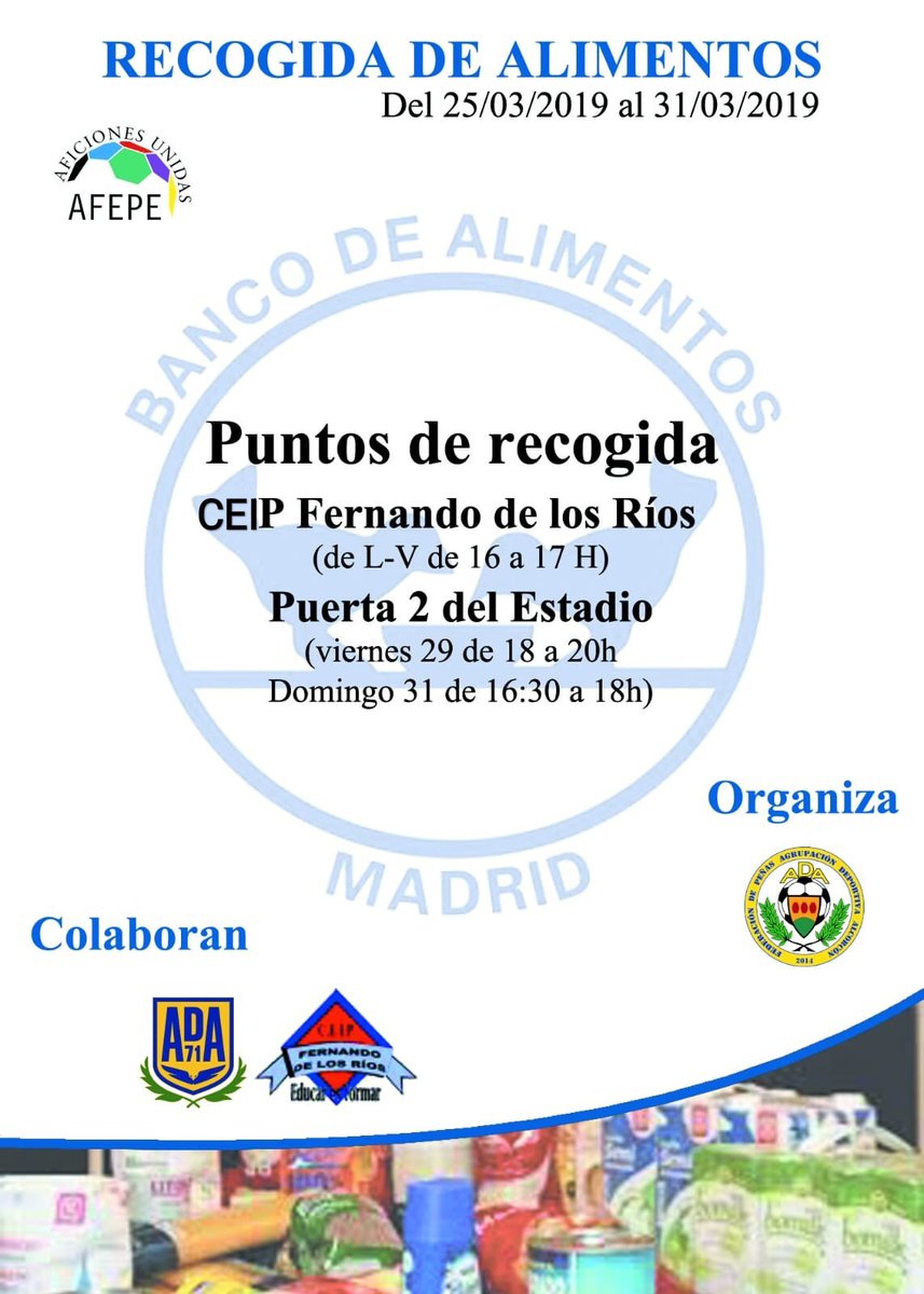 fpadalcorcon's tweet photo. Seguimos con la solidaridad. Por cada tres productos de alimenticios o de higiene daremos una entrada para ver el partido del próximo domingo Alcorcón-Lugo. 
Pasate a por ella te esperamos!!!
➡️ https:https://t.co/cEBtj0RF7x…
En colaboración @AD_Alcorcon #CeipFernandoDeLosRios https://t.co/trYbNy5Loy