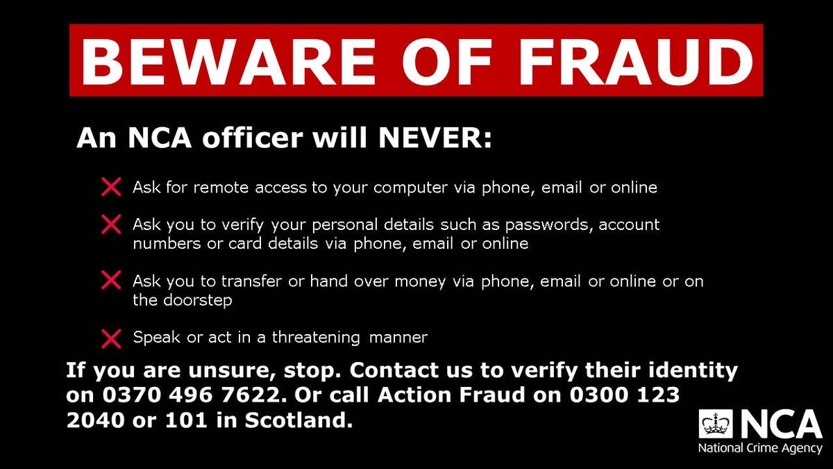 TVPCyber_Fraud's tweet photo. Elderly &amp; vulnerable people are being targeted by fraudsters claiming to be @NCA_UK officers. 
They’re tricking people out of their personal details, bank account info, or even moving their money directly. 
Don’t become a victim, please warn your family &amp; friends.
#cyberprotect https://t.co/WkNSclFHcg