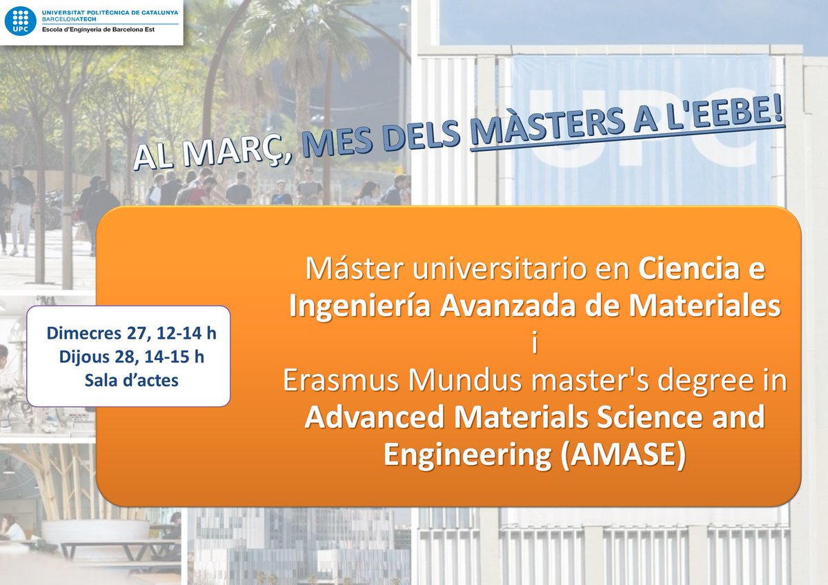 EEBE_UPC's tweet photo. Do U want to know about the Máster Universitario en Ciencia e Ingeniería Avanzada de Materiales and AMASE of the @EEBE_UPC @la_UPC? 🏃Come to #EEBE to the Master's March briefing! #MaterialsEngineering #PolymersEngineering #PlasticsEgineering https://t.co/qpC82t6hAL