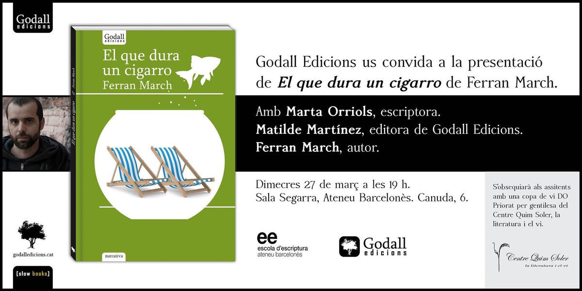 GodallEdicions's tweet photo. Us interessen els contes?
Dimecres 27 us presentem l’estrena mundial de “El que dura un cigarro” un recull del @CoNSUmPRoPI ( #FerranMarch)
Una veu nova, diferent, en el panorama narratiu català.
Amb @MartaOrriols i una copa de vi del @centrequimsoler
A l @ateneubcn
A les 19 h https://t.co/TyMSHyIWLZ