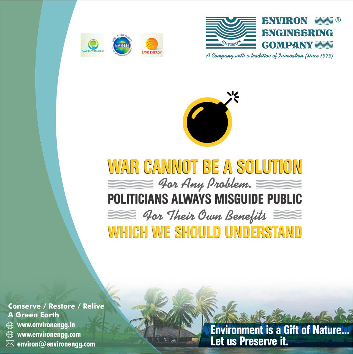 Environengg's tweet photo. "War cannot be a Solution..live in Tranquility &amp; Stay Away from Pollution....

#SAveEnergy #SaveOurEnvironment #SaveGreen #saveWater #energysaving #engineering #engineering #manufacturing #engineers #environmental #water #electricity #gogreen #environment #savings #innovation https://t.co/2lVToPNdPa