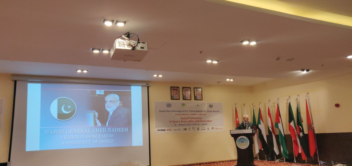 HamzaHameed007's tweet photo. Major General Amer Nadeem, Chairman of @NSAPAKISTAN and President of #ISNET addressing the UN/Jordan Workshop on Space Exploration in Amman. The importance of collaboration cannot be understated and its great to see #Pakistan making great leaps in the space sector! https://t.co/UIoJ2Hw8xy
