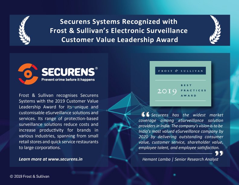 SecurensSystems's tweet photo. #Securens is the first Indian company to receive the Electronic Surveillance Customer Value Leadership Award at the @FrostBPAwards 2019 in London on March 20, 2019.
#FrostBPAwards #FrostAwards #ActiveDeterrence #SimplifyingSurveillance #BestPractices #CustomerValue #leadership https://t.co/6royNGNdWy