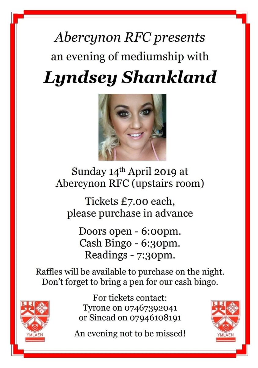 tyrobin24's tweet photo. Tickets selling fast for mediumship night with lyndsey shankland @AbercynonRFC . If anybody needs tickets drop me a message https://t.co/DEeH3e11bE