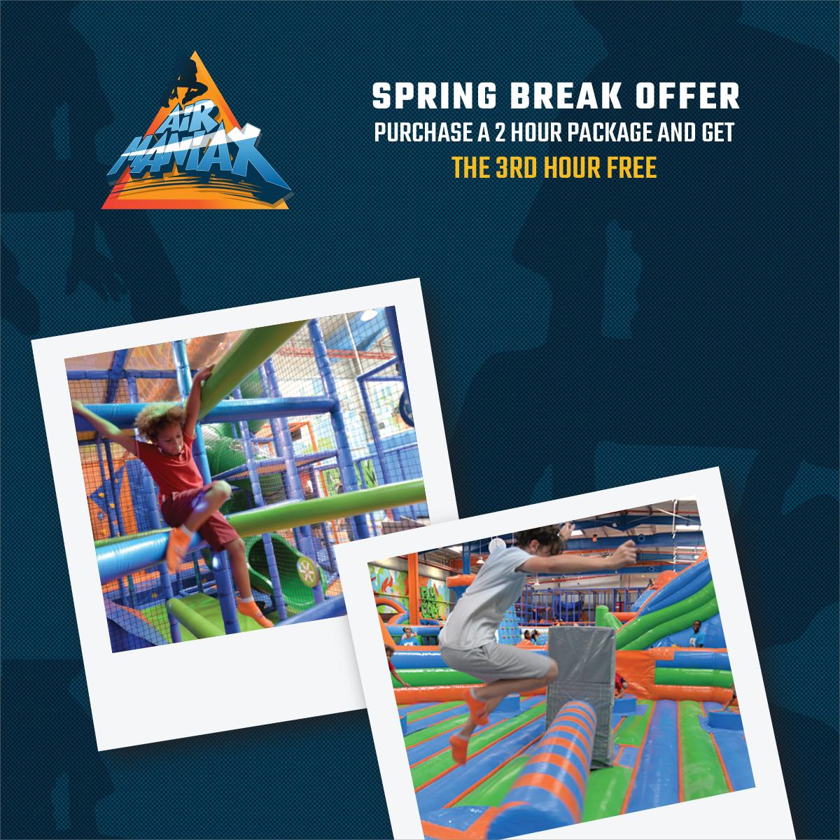 airmaniax's tweet photo. SPRING BREAK at Air Maniax!
From 31st March to 14th April, purchase a 2 Hours Package and get the 3rd Hour FREE!  That's 3 hours of non-stop, adrenaline fueled entertainment. 
Timings for Spring Break: 9am - 9pm
Visit https://t.co/VZfERYk8kO for more info.
#AirManiax https://t.co/0IZBY9BRTs