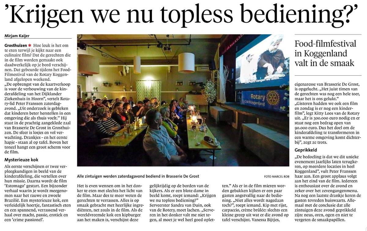#trost zijn we als we terugkijken op onze eerste editie van ons Food Filmfestival “FFKoggenland”! Bedankt <a href="/nhdagblad/">Noordhollands Dagblad</a> <a href="/NHDWFL/">NHD Westfriesland</a> voor het prachtige verhaal in de krant! #rotary #FFK