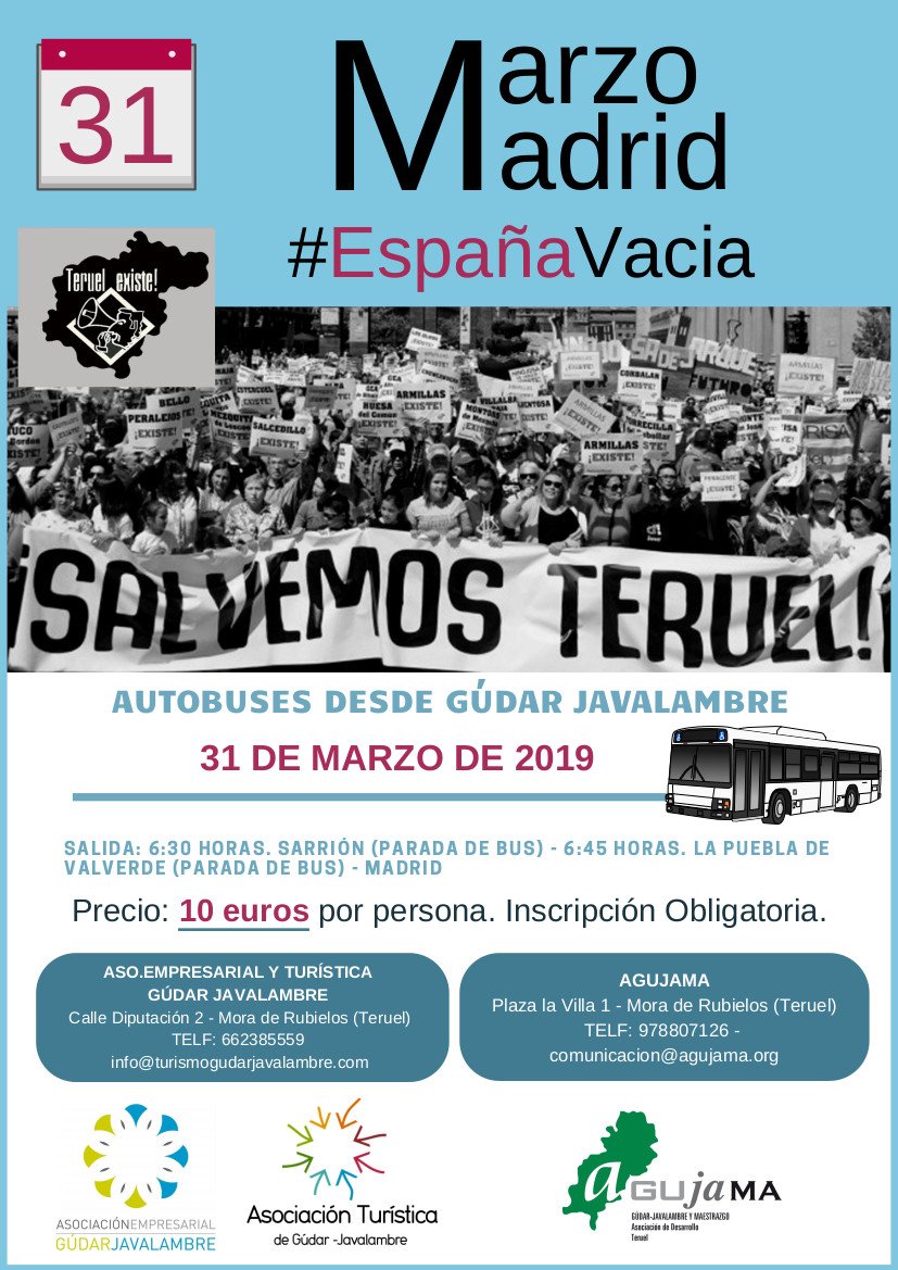 La #EspañaVaciada debe ser visible! El día 31 la provincia de #Teruel se traslada a Madrid. Saca tus tickets y ven por solo 10 euros.
Organizan Asociación <a href="/AEGJ/">Aso. Empresarial G-J</a> y @escapateruel (662 385 559) y <a href="/agujama/">Gúdar-Javalamb. A.Dº</a> (978 80 71 26)
Con <a href="/Albentosa/">Albentosa</a> <a href="/SarrionComision/">Comisión Sarrión</a> @MillaSarrion <a href="/turismoenteruel/">Casa de la Estación</a>