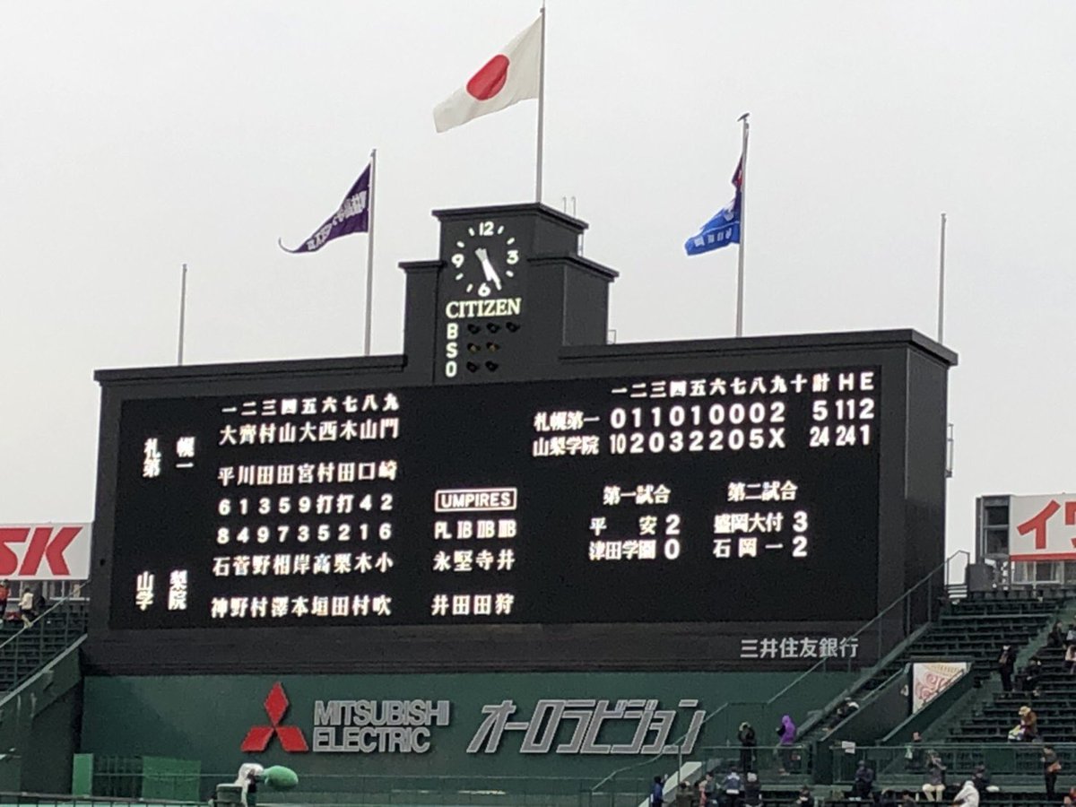 OfficialYGHS's tweet photo. 【センバツ高校野球】3/25(月)第91回選抜高校野球大会 第3試合 vs札幌第一高校

札幌第一   0  1  1  0  1  |  0  0  0  2  |5
山梨学院  10 2  0 3  2  |  2  0  5  × |24

山梨学院が勝利しました。
次の試合は、29日(金)第3試合(14:00試合開始予定)になります。応援よろしくお願いします。 https://t.co/PavstbEOBY
