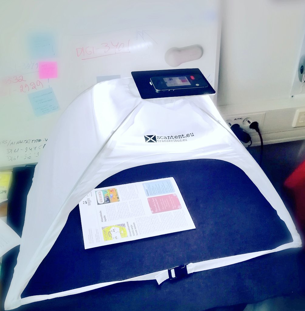 juha_rautiainen's tweet photo. Monday morning and we just got a @ScanTent. It is interesting to see what use we invent for it in @NatLibFi. #librarylabs @Transkribus https://t.co/LIyiqOEBF3