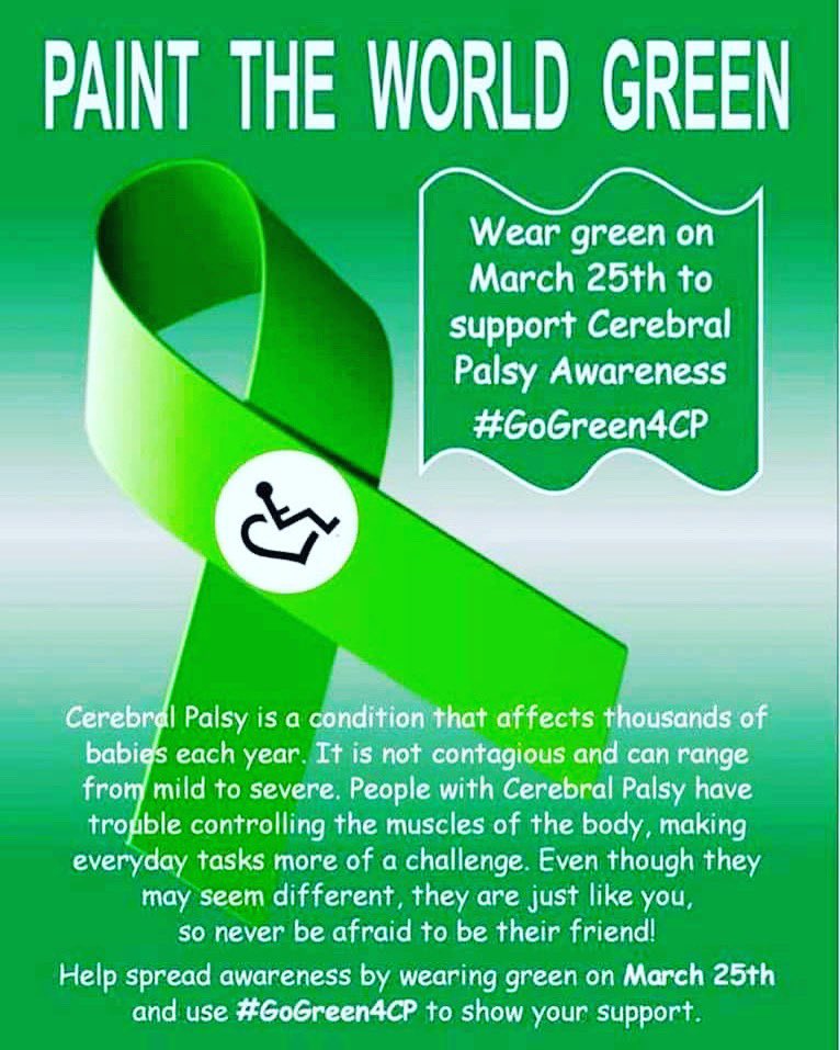 IM_Inspiring's tweet photo. March 25th is #cerebralpalsy awareness day. To show your support for India and those living with CP wear a splash of green today. #GoGreen4CP #iminspiring https://t.co/eeRaucxYWl