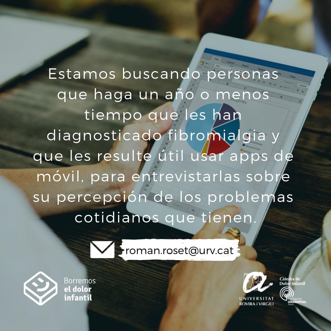 dolorinfantil's tweet photo. 🔍Estamos buscando personas que haga un año o menos tiempo que les han diagnosticado #fibromialgia y que les resulte útil usar #apps de móvil, para entrevistarlas sobre su percepción de los problemas cotidianos que tienen.
➡️Contacta con nosotros: ✉️roman.roset@urv.cat https://t.co/22ANnHvywu