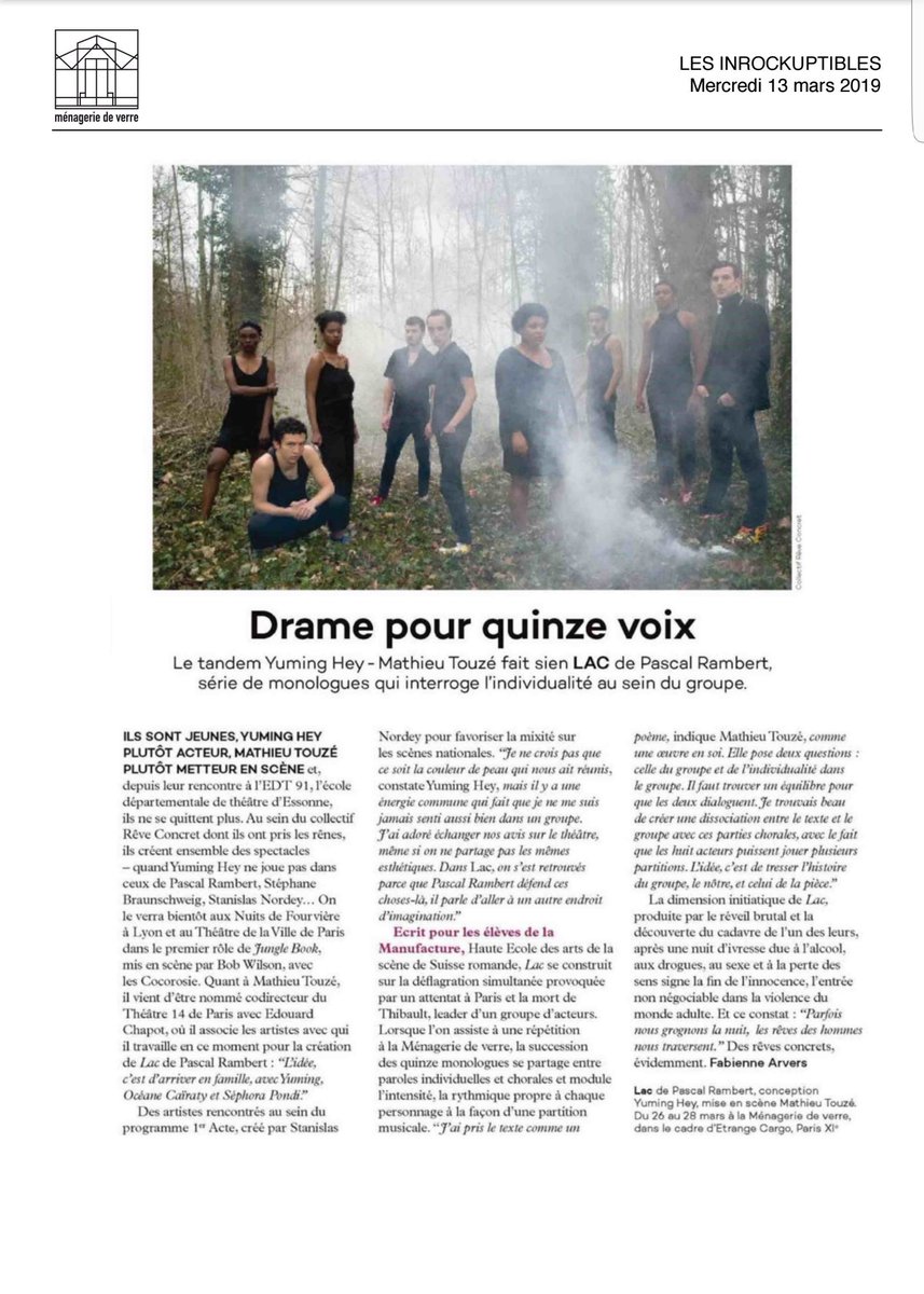 Th_Transversal's tweet image. Une lecture mise en espace avait été présentée lors du #OFF18 au #Transversal (et c'était fichtrement bien) et @lesinrocks en ont parlé la semaine dernière... La 1ère de #LAC de @pascal_rambert c'est demain pour Étrange Cargo et il faut absolument y aller !