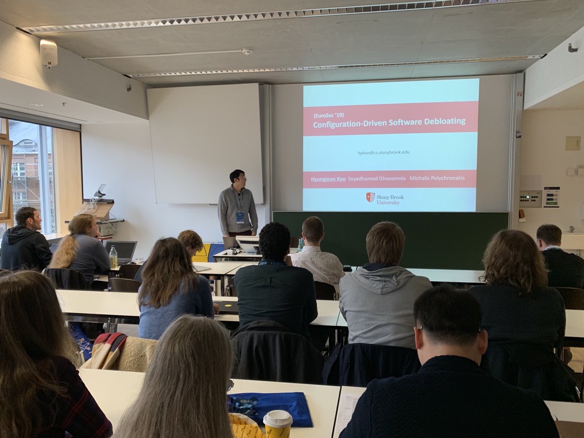 polychronakis's tweet photo. Hyungjoon (@mrkoo001) presenting our work on configuration-driven code debloating at @EuroSecWorkshop #EuroSec19 | paper: https://t.co/hvEClxzfU3 https://t.co/IHEVvGTmCc