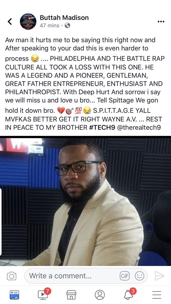 OBCommission's tweet photo. This is crazy... He is the one that gave us the idea for this page. Mentioned us on #Champion and in his battles. We Salute you @Therealtech9 and thank you for all you've done for us, for battle rap, and for the culture. #OBC #RIPTECH9 #Lontae #Wrists #King https://t.co/rxwpPbQDEa