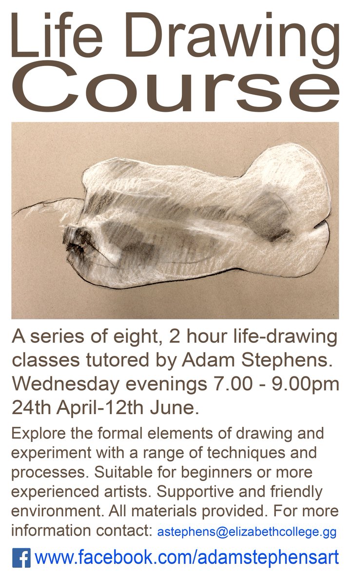 Life drawing course tutored by <a href="/adam_sculptor/">adam stephens</a> at <a href="/Eliz_Coll/">Elizabeth College</a> #Guernsey - improve your drawing skills in this relaxed, supportive and friendly group. Suitable for beginners and more experienced artists. #midfulness starts Wed 24th April <a href="/GuernseyArts/">Guernsey Arts Commission</a>