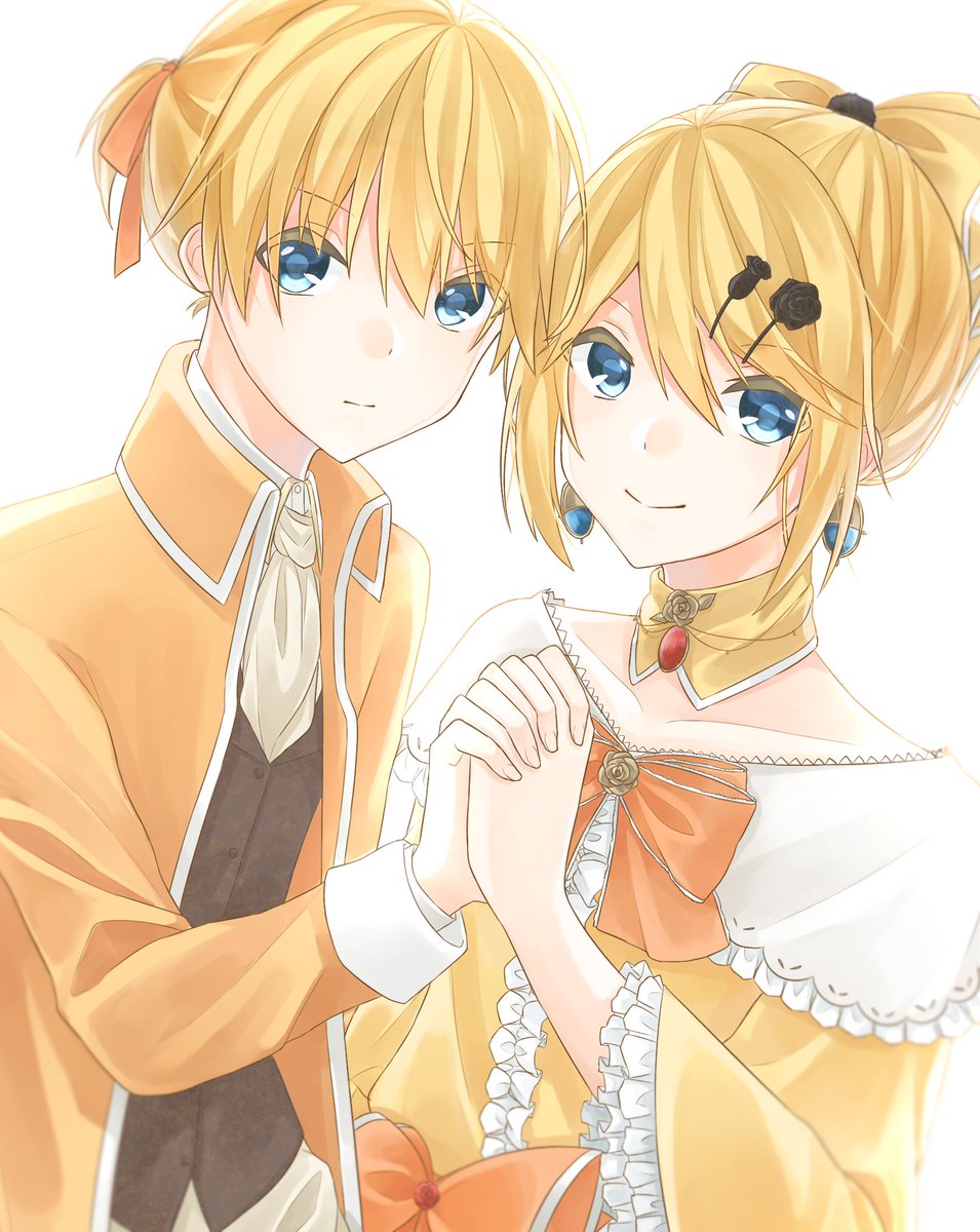 kagamine len ,kagamine rin orange jacket 1boy brother and sister 1girl siblings jewelry blue eyes  illustration images