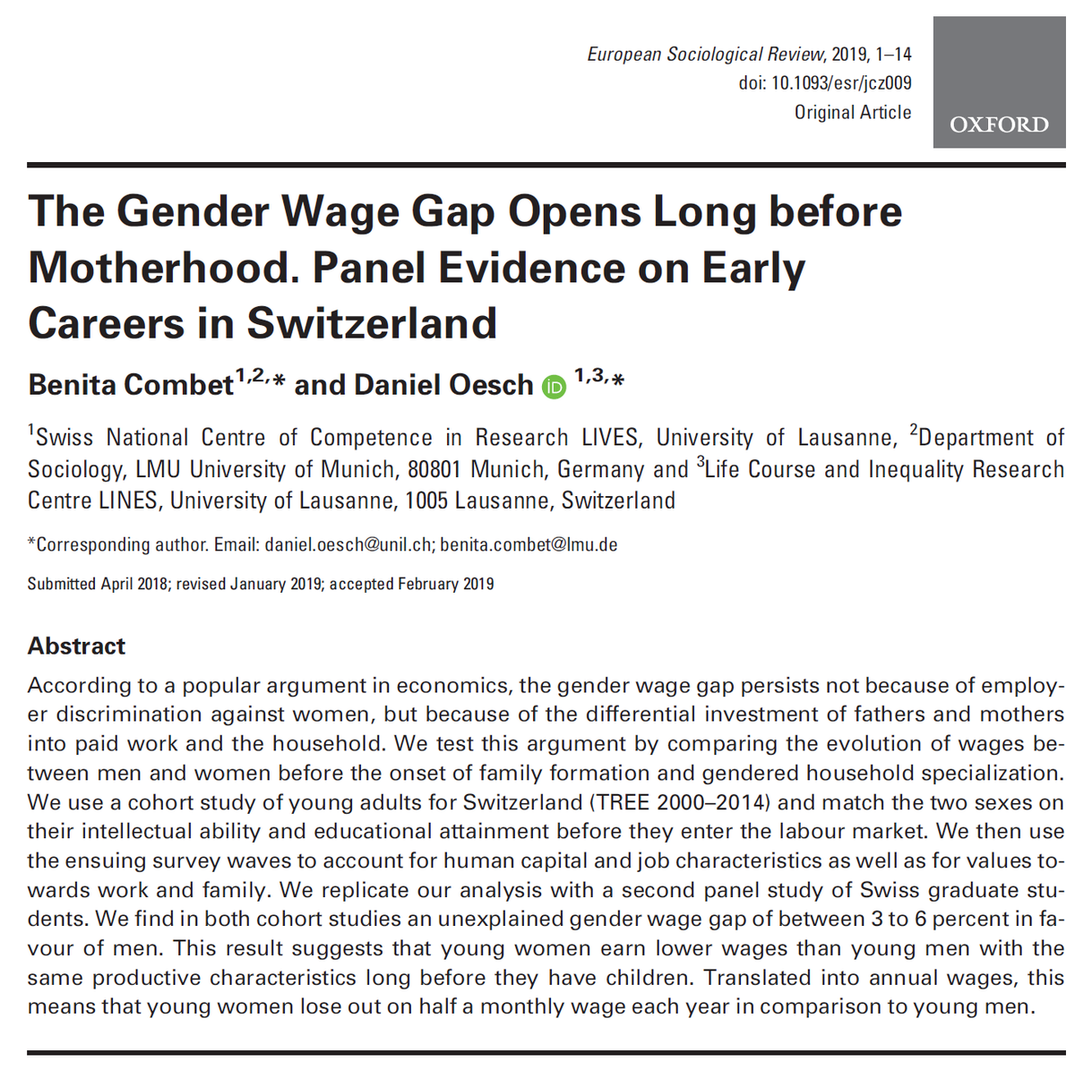 ESR_news's tweet photo. Do not blame it all on motherhood! The gender wage gap opens long before men and women have children. @benitacombet and Daniel Oesch show with two cohort studies that already young women earn less, https://t.co/sZRwbHku0j https://t.co/07C0JVCDN4