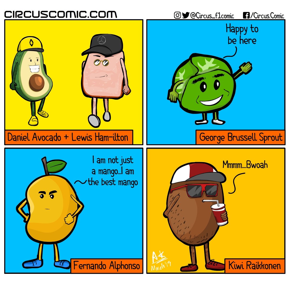 Circus_f1's tweet photo. Since everyone liked #DanielAvocado so much, here's a few more #FormulaFruit puns. #BahrainGP #F1 #Formula1 @danielricciardo @LewisHamilton https://t.co/MrwbDqsI1u