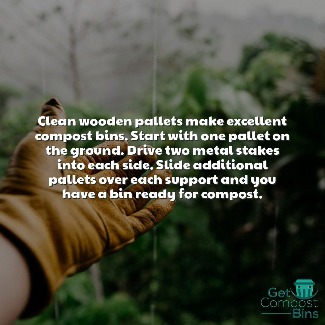 GetBins's tweet photo. Clean wooden pallets make excellent compost bins. Start with one pallet on the ground. Drive two metal stakes into each side. Slide additional pallets over each support and you have a bin ready for compost. #compost #composting #gardening #organic #zerowaste #recycle https://t.co/sKMi3tOIPC