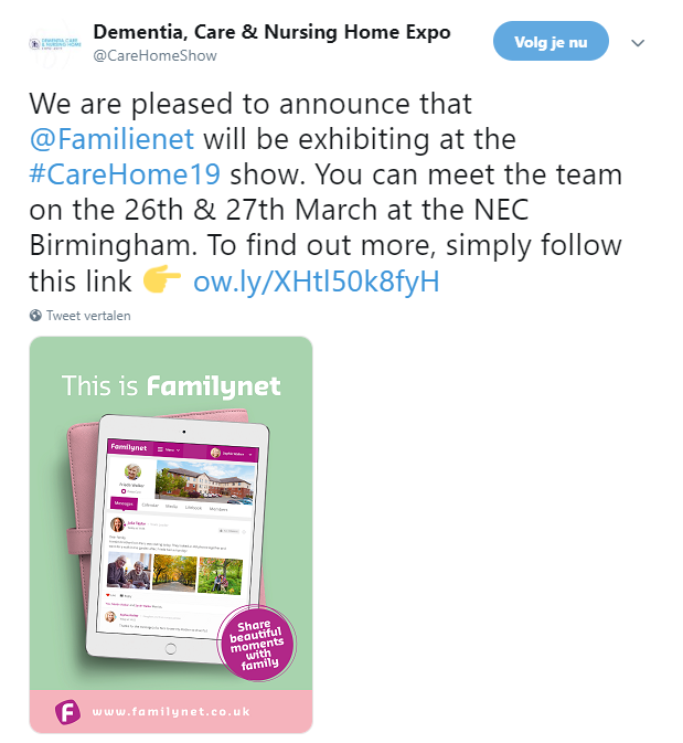 Familienet's tweet photo. We reizen vandaag naar Birmingham voor de Dementia, Care &amp; Nursing Home Expo #familienetoverdegrens #familynet https://t.co/Ve6iceNqaJ