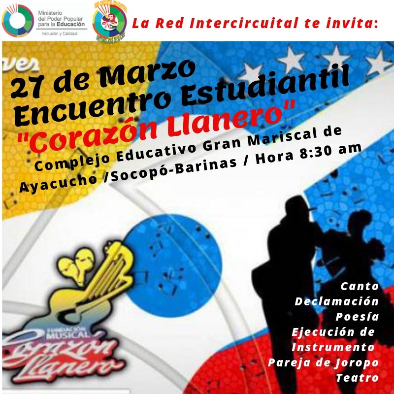 CSocopo's tweet photo. Encuentro Estudiantil "Corazón Llanero" Canto, Declamación, Poesía, Pareja de Joropo y Teatro. 27 de Marzo Socopo Barinas
@culturatotlzedc https://t.co/VNZAk59C7M