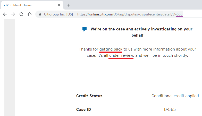 dialogueWanting's tweet photo. @gringojo @Citibank #Permanent credit in @Citi letter not show up Citi Online says "Thanks for getting back.": credit was ever #REVERSED but NEVER #reissued! Need GREEN* CHECK MARK but NONE!

#Citi asking me* to provide* some 20+ digits reference # is #ridiculous since Citi site does NOT provide it! https://t.co/3Wqf6qkaWI