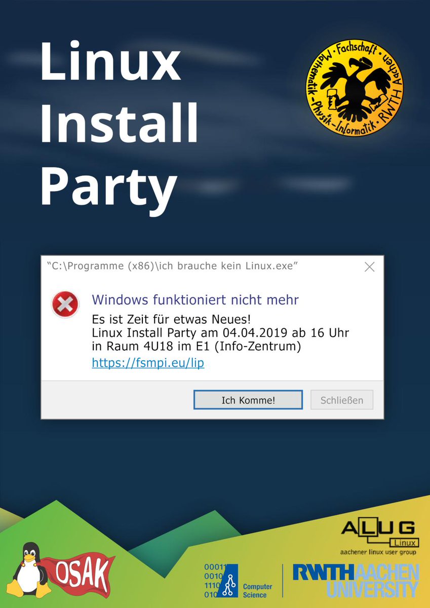 osakfsmpi's tweet photo. Die nächste Linux Install Party ist am 04.04.2019 (Donnerstag) ab 16 Uhr!
Diesmal in Raum 4U18 im Informatikzentrum.

Infos und Anmeldung: https://t.co/0nhR1uF53t https://t.co/9kZQIHpYBV