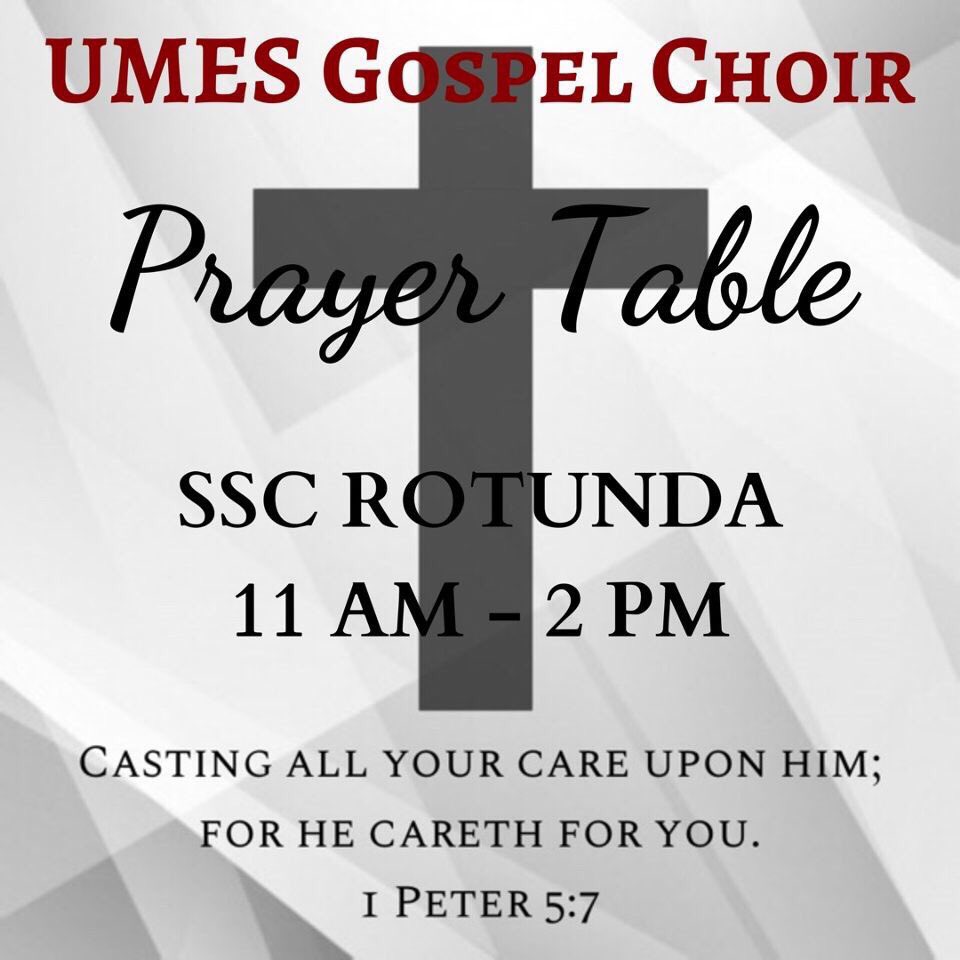 GospelChoirUMES's tweet photo. Stop by and chat with us at our prayer table today in the SSC Rotunda from 11am-2pm! #UMESGC #HawkPride #UMES https://t.co/Q2pKHWVHT6
