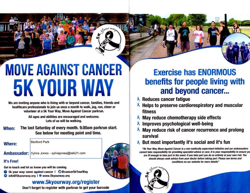 A cancer support group with a difference. Anyone who is, or has been, affected by cancer. Meet us at Bedford parkrun this Saturday at 9am to walk, jog, run, volunteer or cheer and then at <a href="/BedfordPavilion/">Pavilion at The Park</a> for coffee cake and chat. #5kyourway #cancersupport
