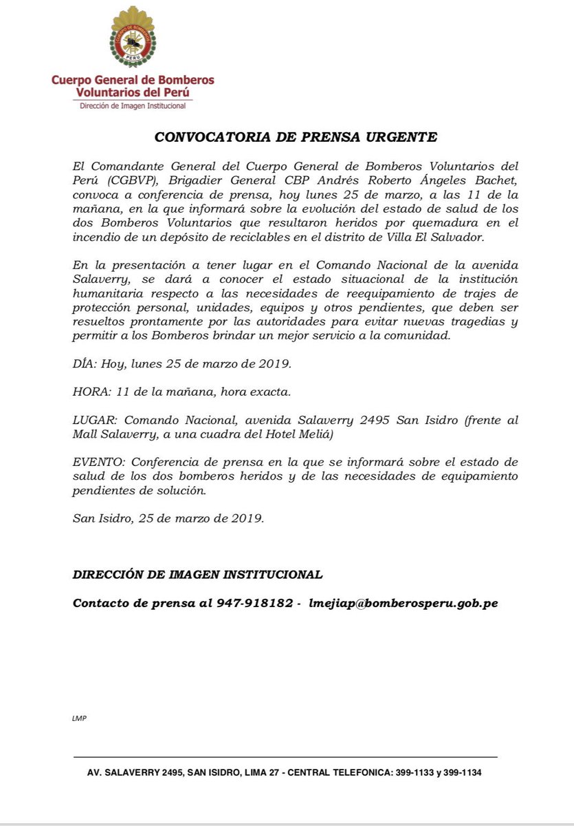 bomberosPE's tweet photo. #Urgente

El Comandante General del CGBVP ofrecerá conferencia de prensa a la 11:00 AM acerca del estado de los bomberos heridos. #AlertaBomberos https://t.co/ORUeQ36PiX