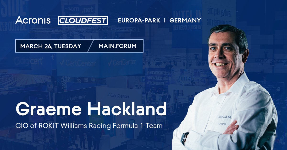 Acronis (@acronis) on Twitter photo Go full throttle with <a href="/graemehackland/">Graeme Hackland 💙</a>, CIO of F1 Team <a href="/WilliamsRacing/">Atlassian Williams Racing</a> at <a href="/cloudfest/">CloudFest</a> tomorrow as he shares about how critical data collected over the race weekend is stored, secured, and used to achieve excellence in speed and precision. ow.ly/9JAJ50nOu7U
#Cloudfest #CF2019 Go full throttle with <a href="/graemehackland/">Graeme Hackland 💙</a>, CIO of F1 Team <a href="/WilliamsRacing/">Atlassian Williams Racing</a> at <a href="/cloudfest/">CloudFest</a> tomorrow as he shares about how critical data collected over the race weekend is stored, secured, and used to achieve excellence in speed and precision. ow.ly/9JAJ50nOu7U
#Cloudfest #CF2019