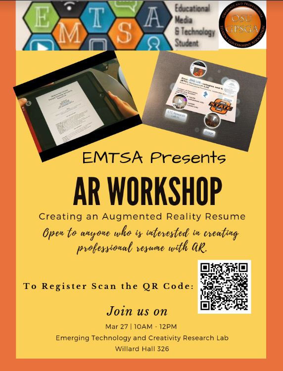 OkStateEMTSA's tweet photo. [EMTSA] Who is interested in making an AR resume? ☺️

Day: March 27 (Wed)
Time: 10 am - noon 
Place: ETC lab (Willard 326)
Registration: https://t.co/8zHe92XaoJ https://t.co/EE5t5RGQxE