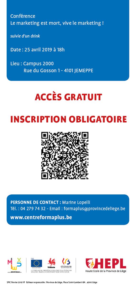 HEPL_be's tweet photo. N'oubliez pas, le 25 avril, la #HEPL et #FORMAPLUS organisent une conférence sur le #marketing au #Campus2000.
Plus d'infos par ici : https://t.co/k2clfs1Hrw …
#marketinginfluence #evolution #tendance #bloggeur #contentmarketing #socialmedia #digitalexplosion #tomorrowisyours https://t.co/5TdvQd89QW