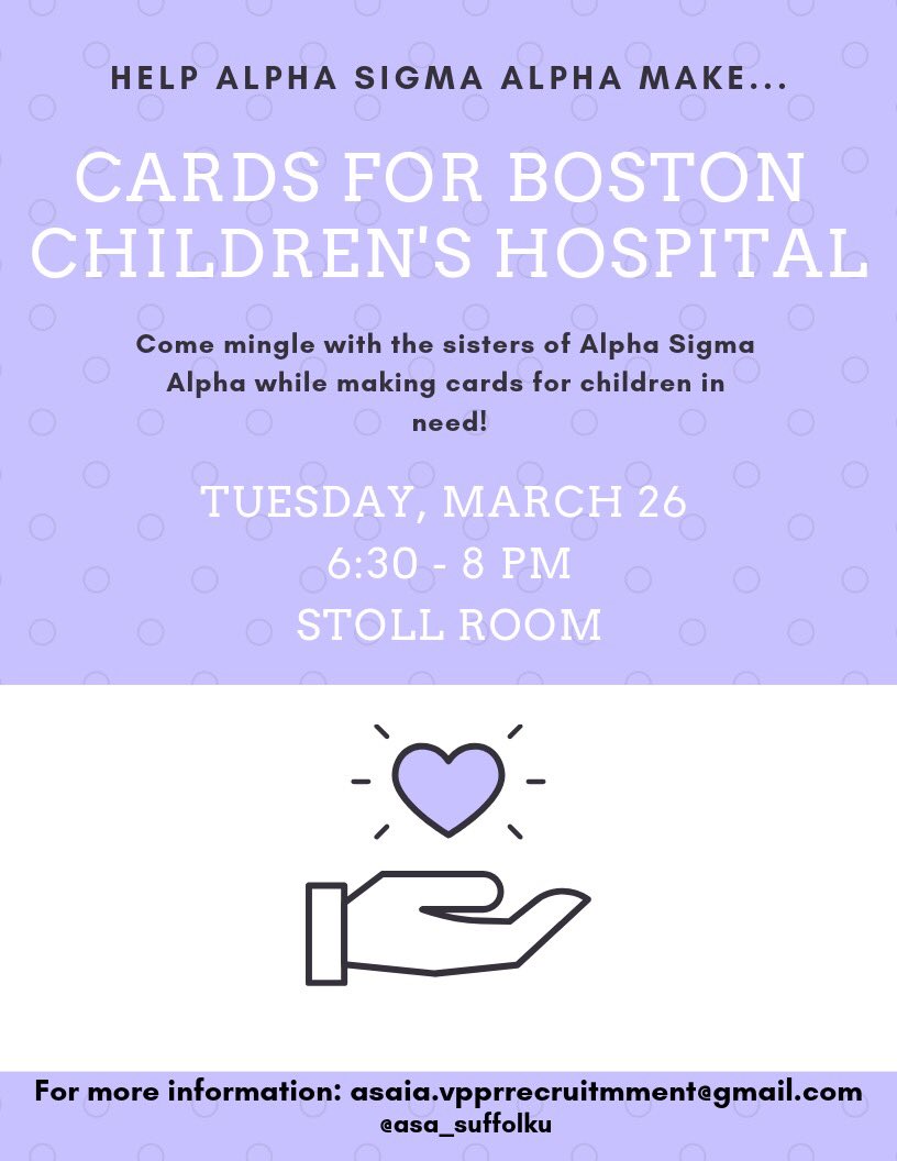 ASA_SuffolkU's tweet photo. Come hang out with us tomorrow and make some cards for @BostonChildrens 🖍💜 https://t.co/EmT3EDGiA3