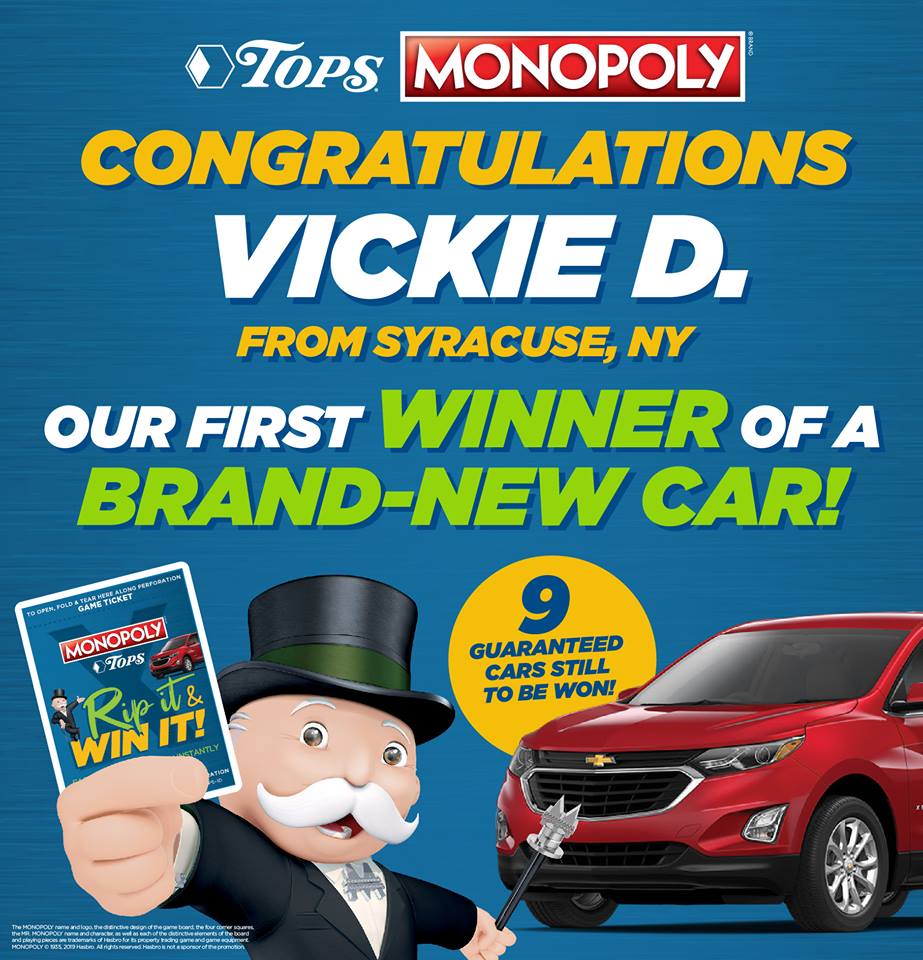 TopsMarkets's tweet photo. Congratulations to Vickie D. from Syracuse, NY! Our first winner of a BRAND NEW CAR - just days into playing TOPS Monopoly Rip It &amp; Win It! There are 9 more GUARANTEED cars to be won! Will you be next? #TopsMonopoly https://t.co/4Xo64qDHLH