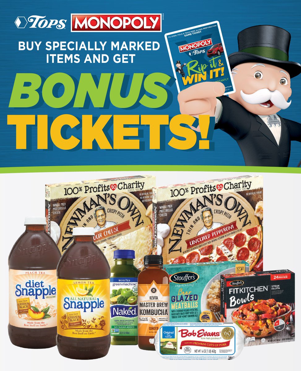 TopsMarkets's tweet photo. Don't forget your bonus tickets! Receive 1 bonus game ticket at checkout for every specially marked product you purchase like Bob Evans sausage rolls, links or patties, TOPS Bakery Cinnamon Bun 4 pack, Neuman’s Own pizza, Snapple teas, Naked Juice, and much more!#TopsMonopoly https://t.co/mIt2UJ2oOM