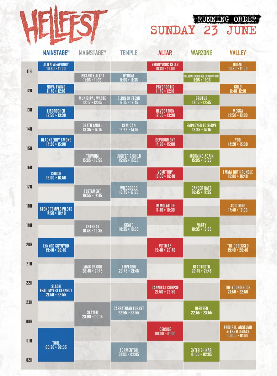 hellfestopenair's tweet photo. ⏱ FULL LINE-UP ⏱

Le planning est maintenant à jour sur le site / The schedule is now up to date on our web site : 
https://t.co/cmZNP5wdz7

L'app arrivera très bientôt / Offical App is on the way ! 

#hellfest https://t.co/6aD2hZINFz