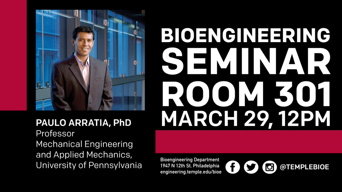 templebioe's tweet photo. Come out this Friday to hear from professor Paulo E. Arratia, PhD, from @PennEngineers! His seminar, "Life in Complex Fluids", will be at 12pm in room 301. See you there! https://t.co/RxEbCmZO3O