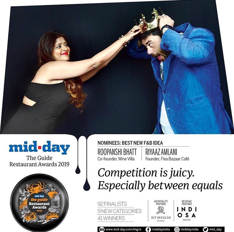 #MiddayGuideAwards2019 🏆 
Introducing the nominees for the Category of Best New F&amp;B Idea.
Roopanshi Bhatt of #WineVilla  and Riyaaz Amlani of <a href="/FleaBazaarCafe/">FLEA Bazaar Cafe</a> 
Hospitality Partner : <a href="/stregismumbai/">The St. Regis Mumbai</a> 
Bespoke Partner: Indiosa 

#MumbaiKaFoodKingKaun